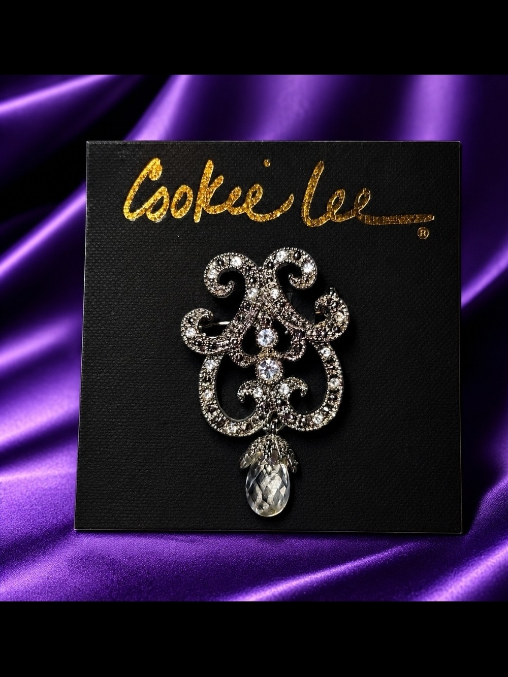NWT-Cookie Lee Silver-tone Crystal Filigree Brooch with Clear Teardrop